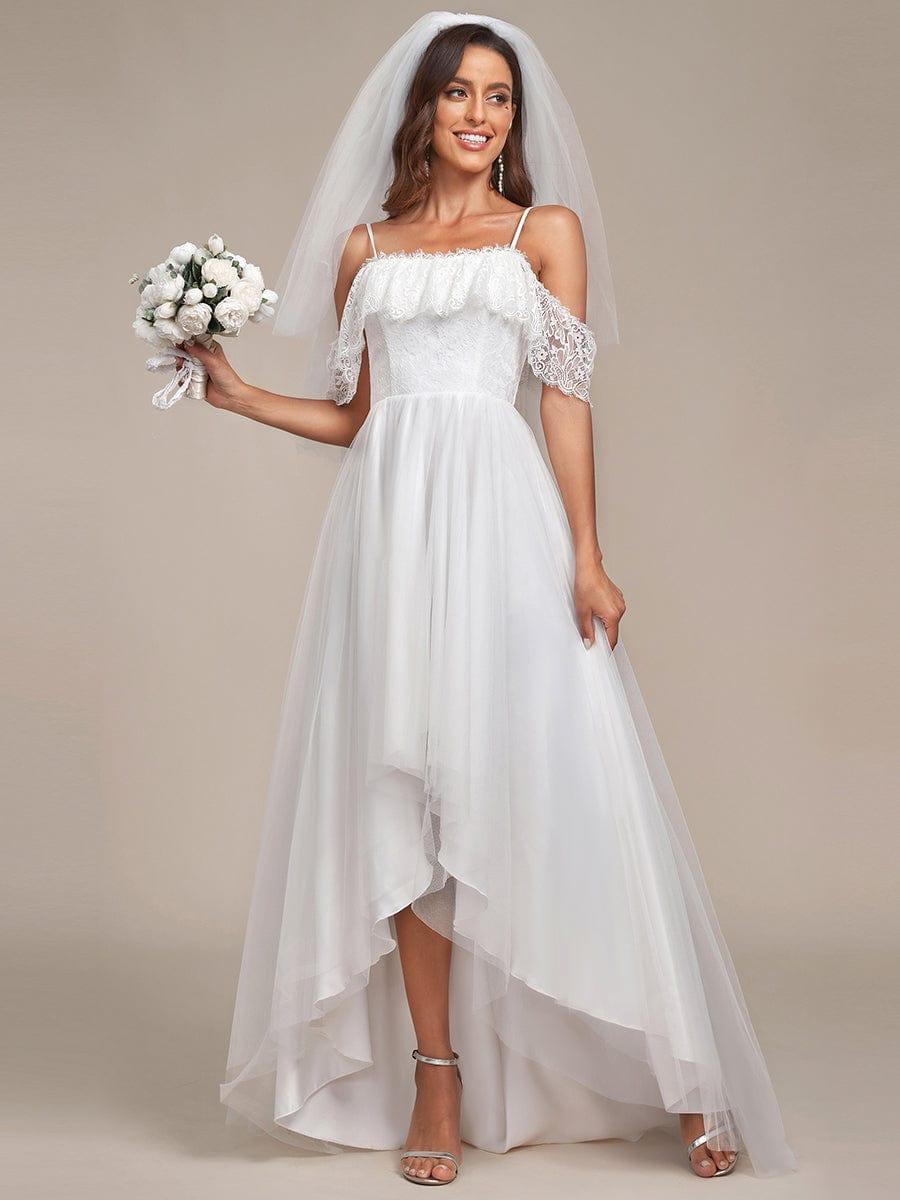 Custom Size Spaghetti Strap Lace High-Low Wedding Dress #color_Cream Custom Size Spaghetti Strap Lace High-Low Wedding Dress