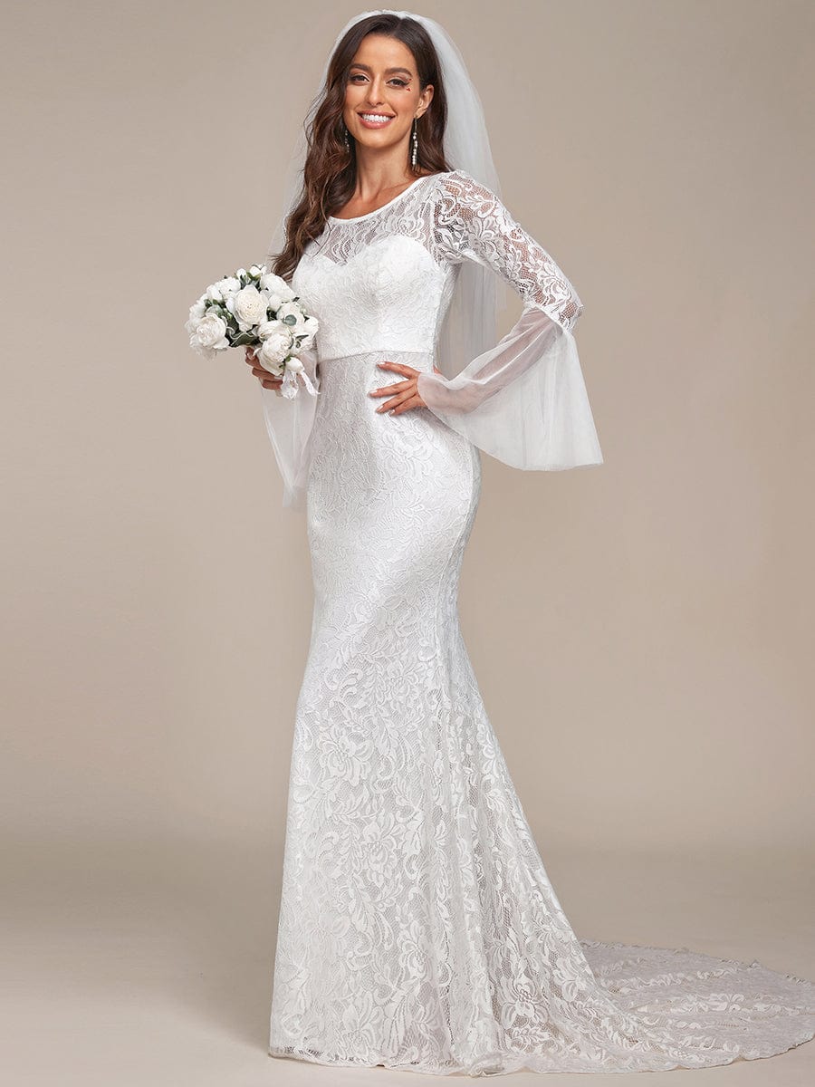 Custom Size Sweetheart Long Sleeve Lace Mermaid Wedding Dress #color_Cream Custom Size Sweetheart Long Sleeve Lace Mermaid Wedding Dress