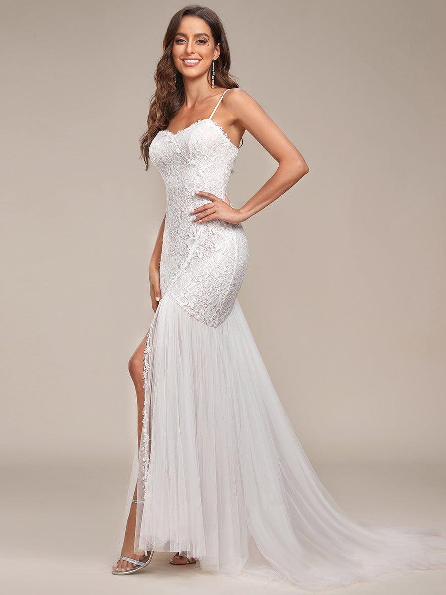 Custom Size Floral Spaghetti Strap Lace Backless Long Mermaid Wedding Dress #color_Cream Custom Size Floral Spaghetti Strap Lace Backless Long Mermaid Wedding Dress