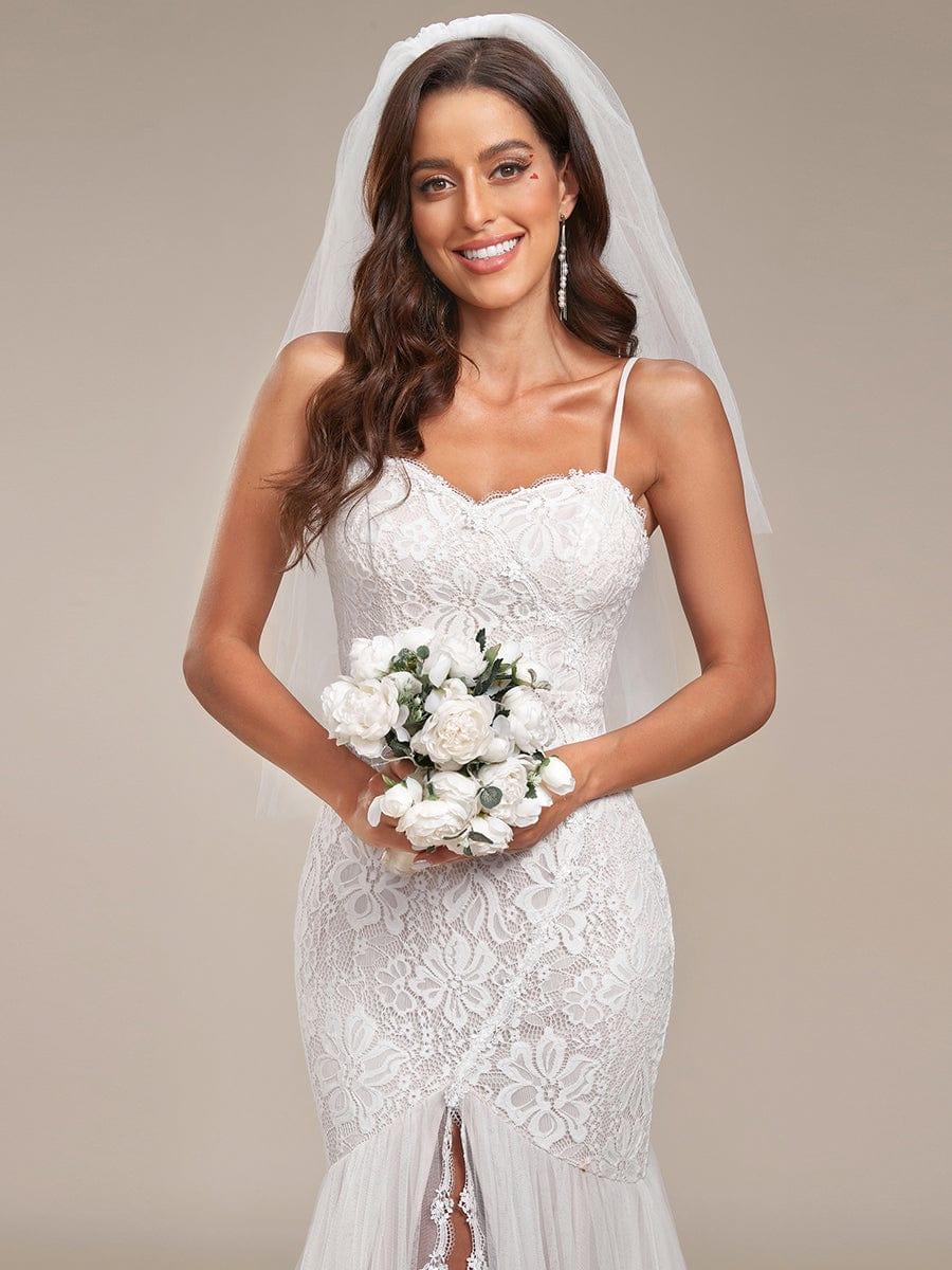 Custom Size Floral Spaghetti Strap Lace Backless Long Mermaid Wedding Dress #color_Cream Custom Size Floral Spaghetti Strap Lace Backless Long Mermaid Wedding Dress