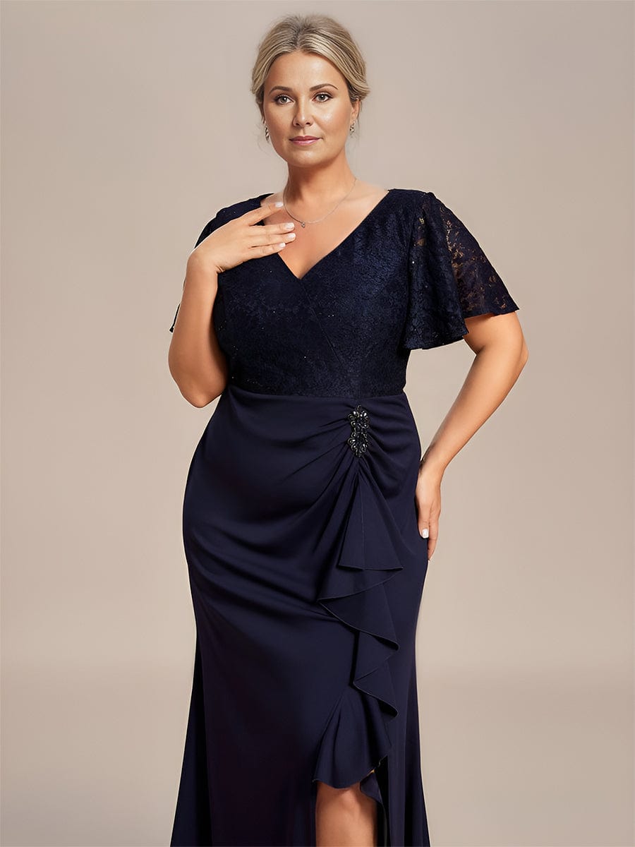 Plus Size Lotus Leaf Hemline Bodycon Lace Top Mother of the Bride Dress #color_Burgundy Plus Size Lotus Leaf Hemline Bodycon Lace Top Mother of the Bride Dress