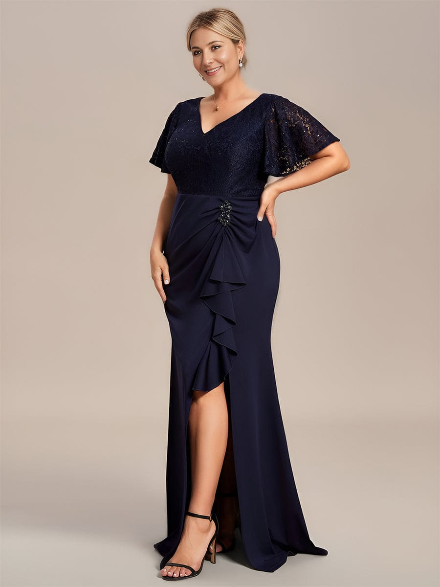 Plus Size Lotus Leaf Hemline Bodycon Lace Top Mother of the Bride Dress #color_Burgundy Plus Size Lotus Leaf Hemline Bodycon Lace Top Mother of the Bride Dress