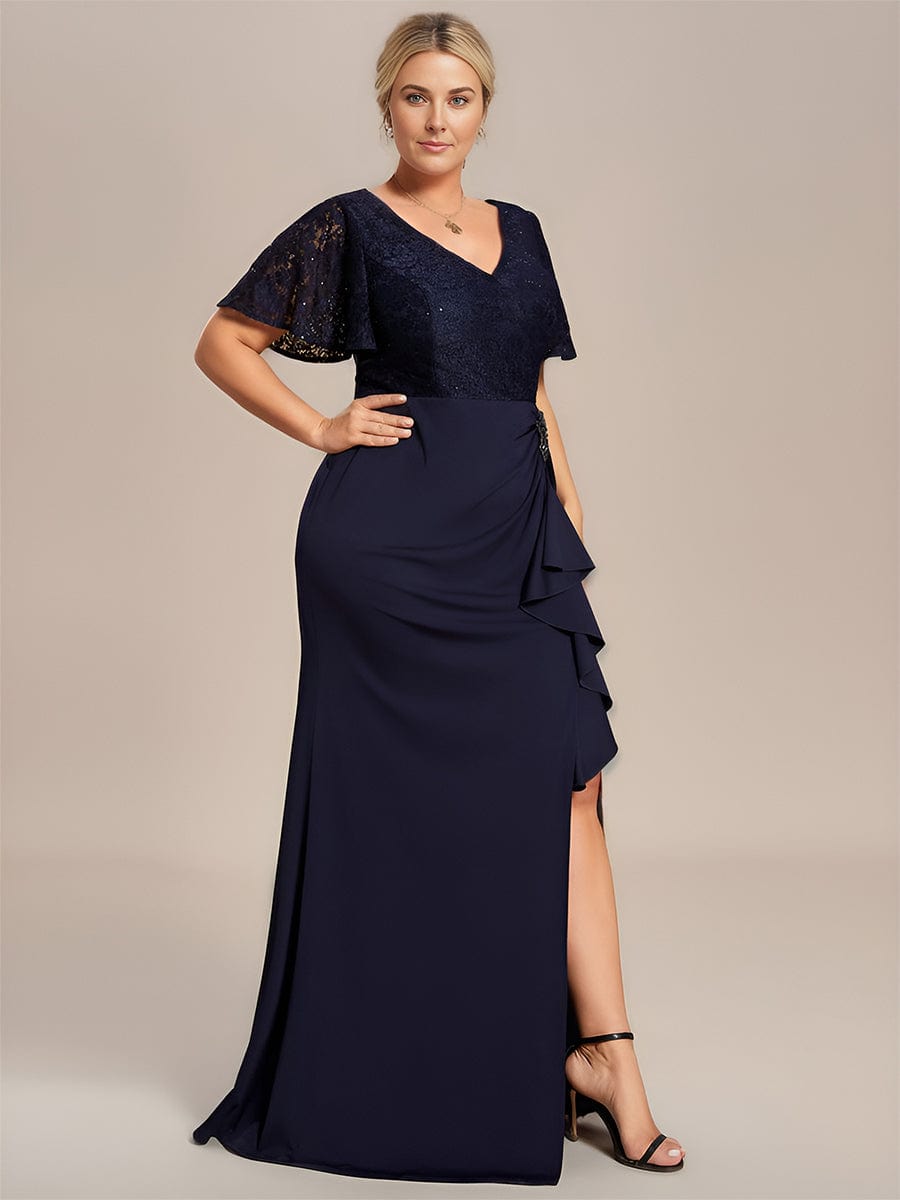 Plus Size Lotus Leaf Hemline Bodycon Lace Top Mother of the Bride Dress #color_Burgundy Plus Size Lotus Leaf Hemline Bodycon Lace Top Mother of the Bride Dress