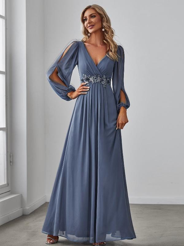 ever AMOUR|Elegant Chiffon V-Neckline Long Sleeve Formal Evening Dress