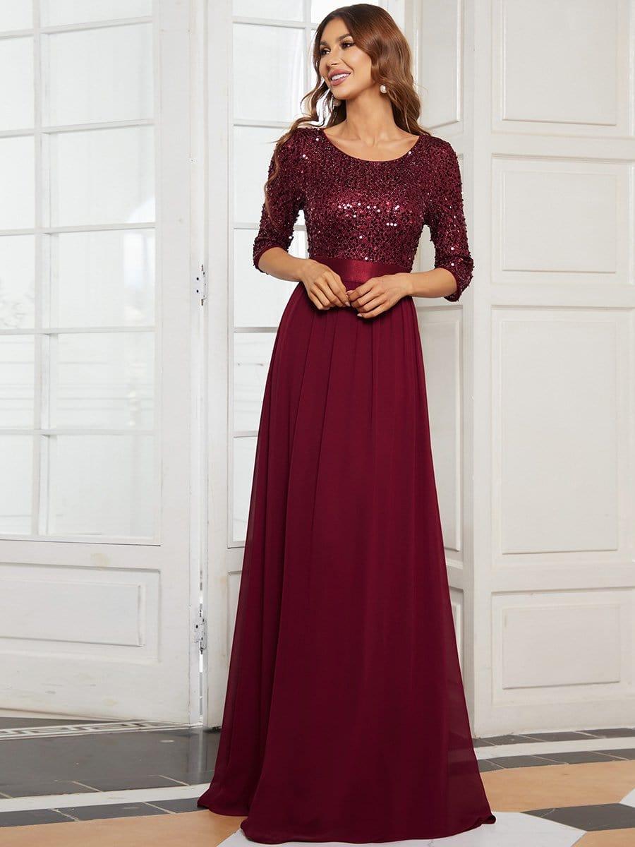 Sequin Round Neckline Dress with Chiffon #color_Burgundy