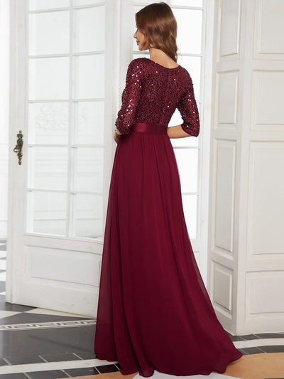 Sequin Round Neckline Dress with Chiffon #color_Burgundy