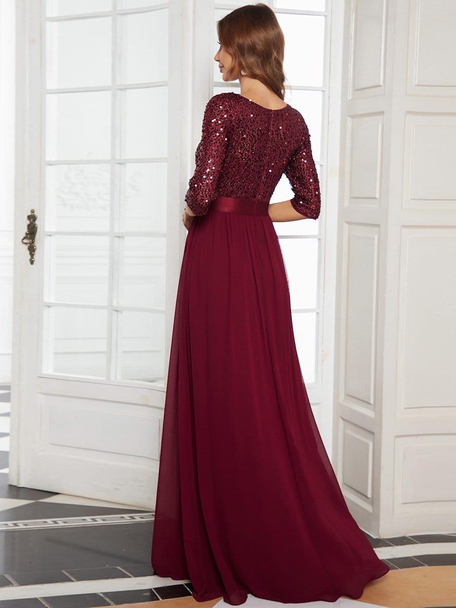 Sequin Round Neckline Dress with Chiffon #color_Burgundy
