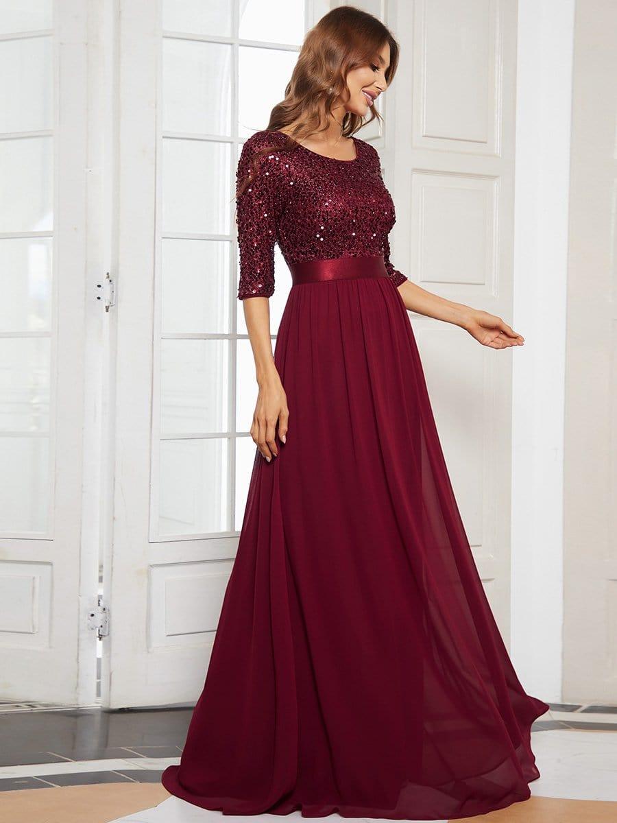 Sequin Round Neckline Dress with Chiffon #color_Burgundy