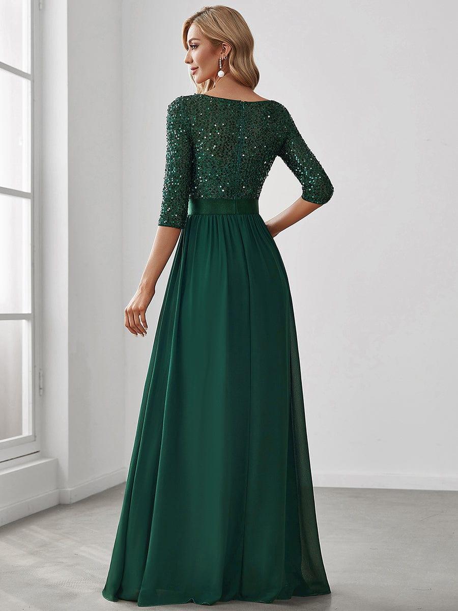 Sequin Round Neckline Dress with Chiffon #color_Dark Green