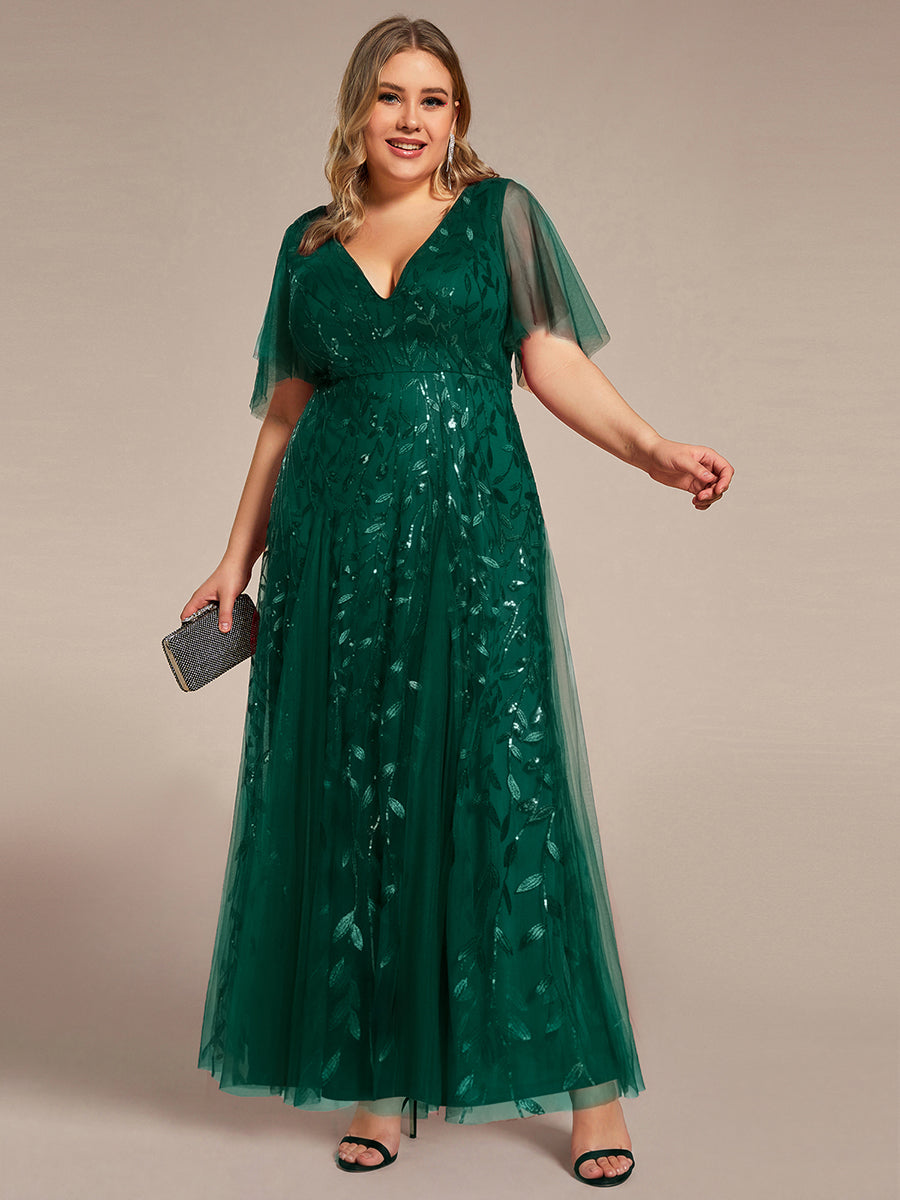 Shimmery V Neck Ruffle Sleeves Sequin Maxi Long Evening Dress #color_Dark Green