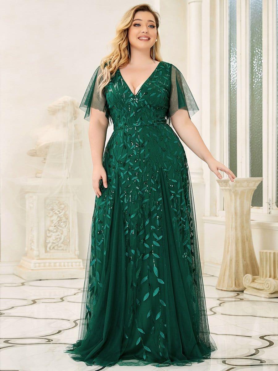 Elegant Ruffle Sleeves Maxi Sequin Mother of the Bride Dress #color_Dark Green