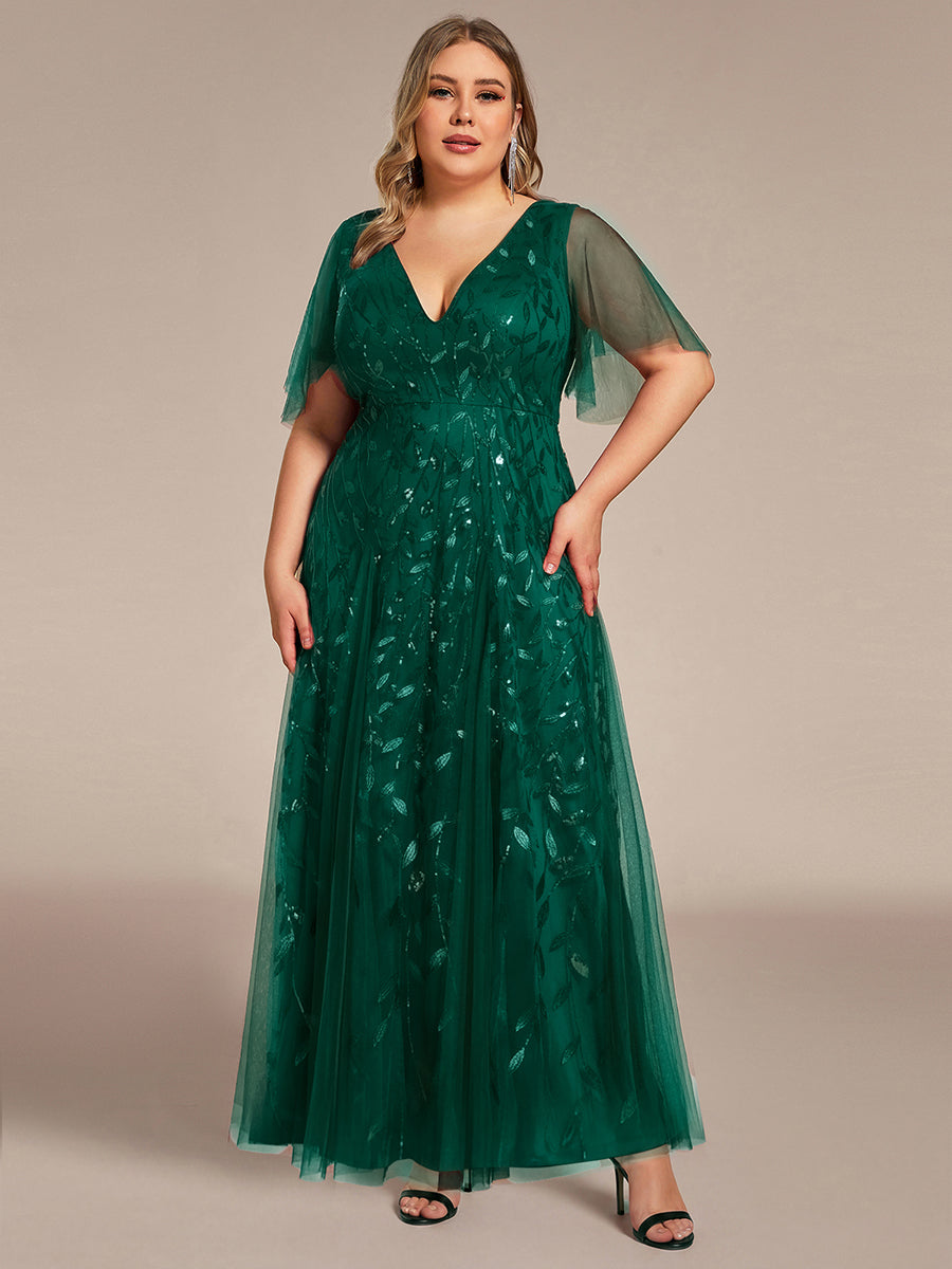 Shimmery V Neck Ruffle Sleeves Sequin Maxi Long Evening Dress #color_Dark Green