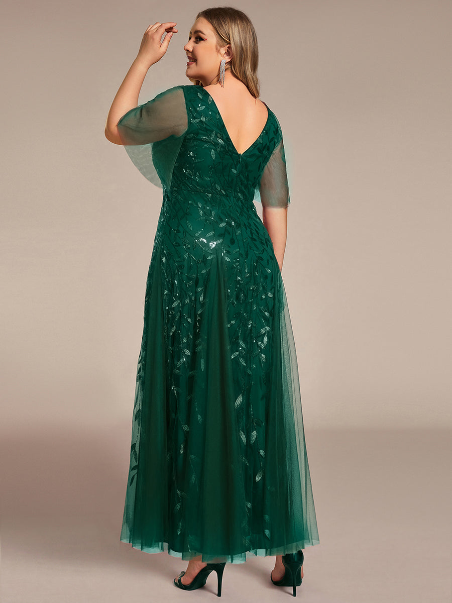 Shimmery V Neck Ruffle Sleeves Sequin Maxi Long Evening Dress #color_Dark Green