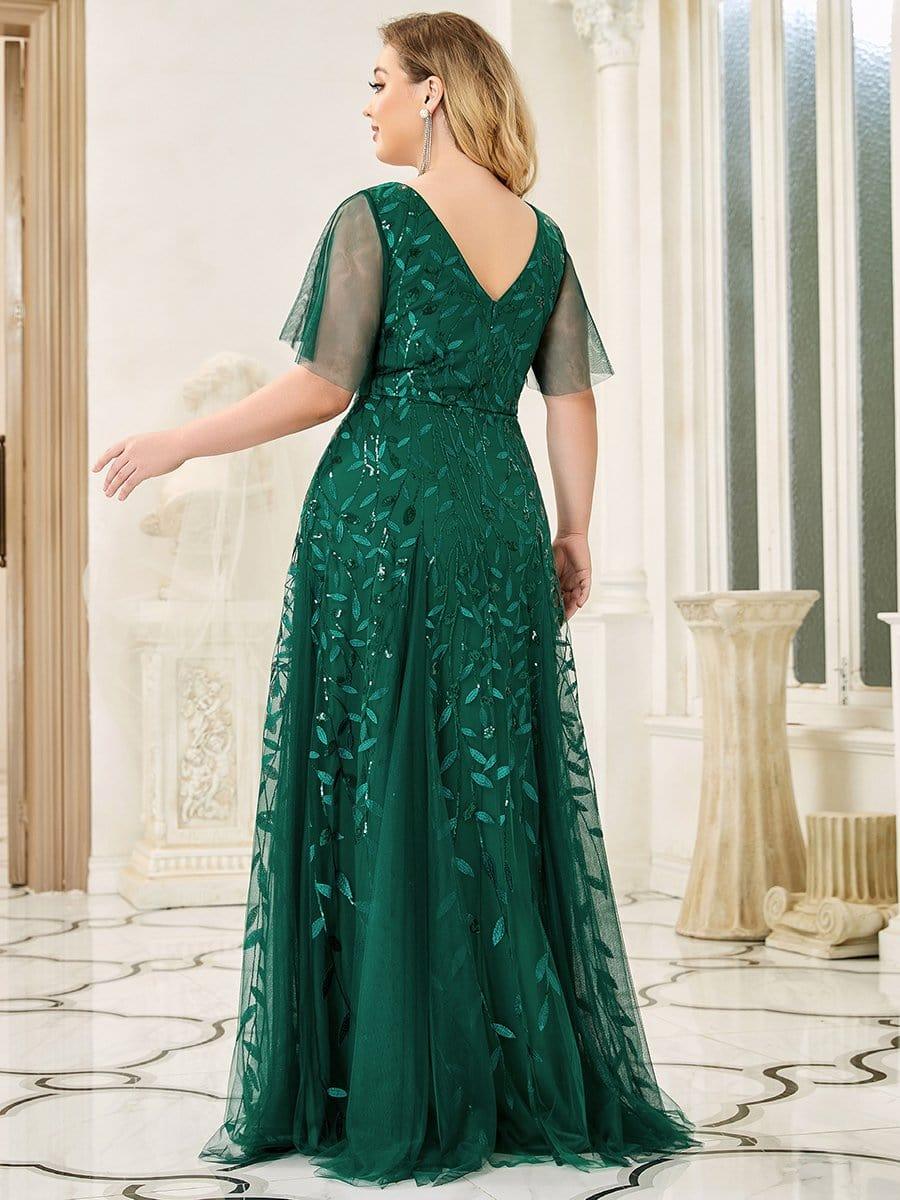 Elegant Ruffle Sleeves Maxi Sequin Mother of the Bride Dress #color_Dark Green