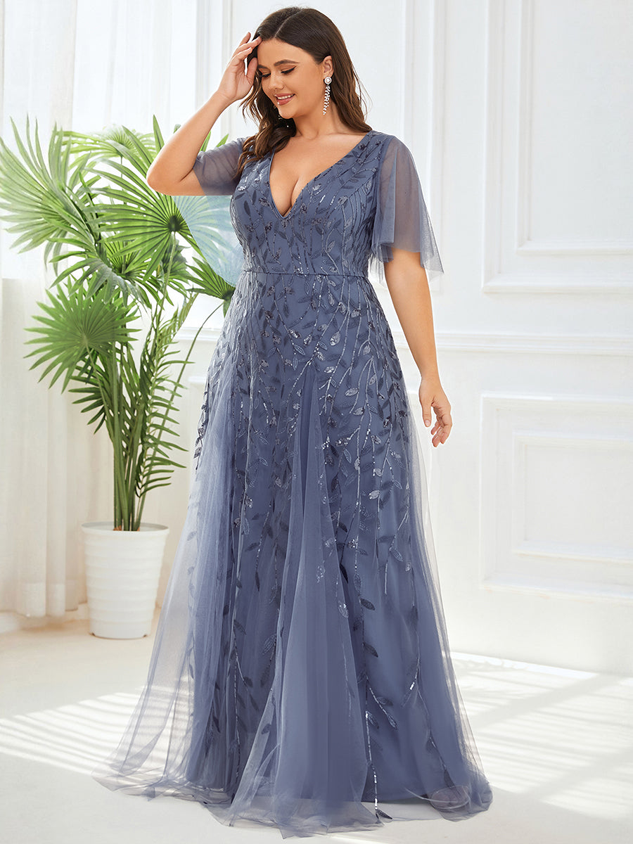Shimmery V Neck Ruffle Sleeves Sequin Maxi Long Evening Dress #color_Dusty Blue