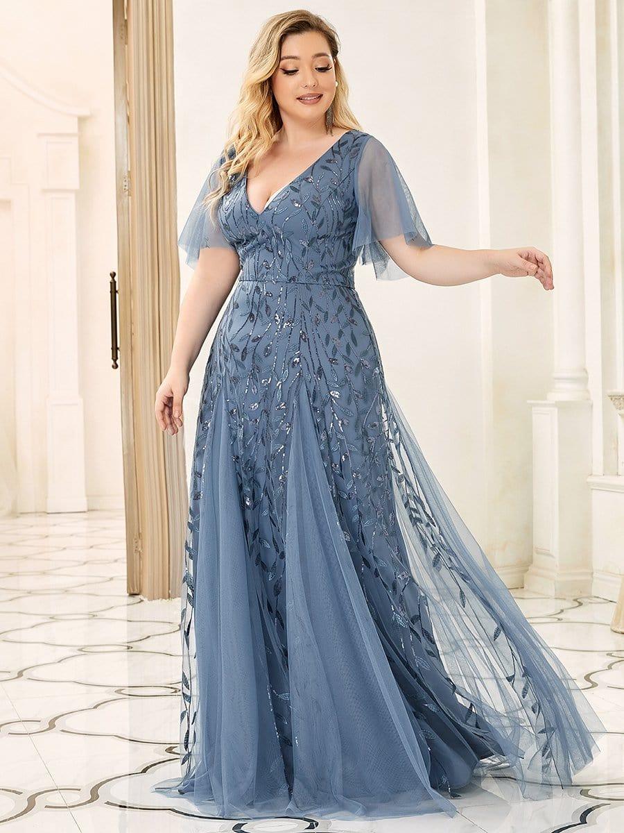 Elegant Ruffle Sleeves Maxi Sequin Mother of the Bride Dress #color_Dusty Blue