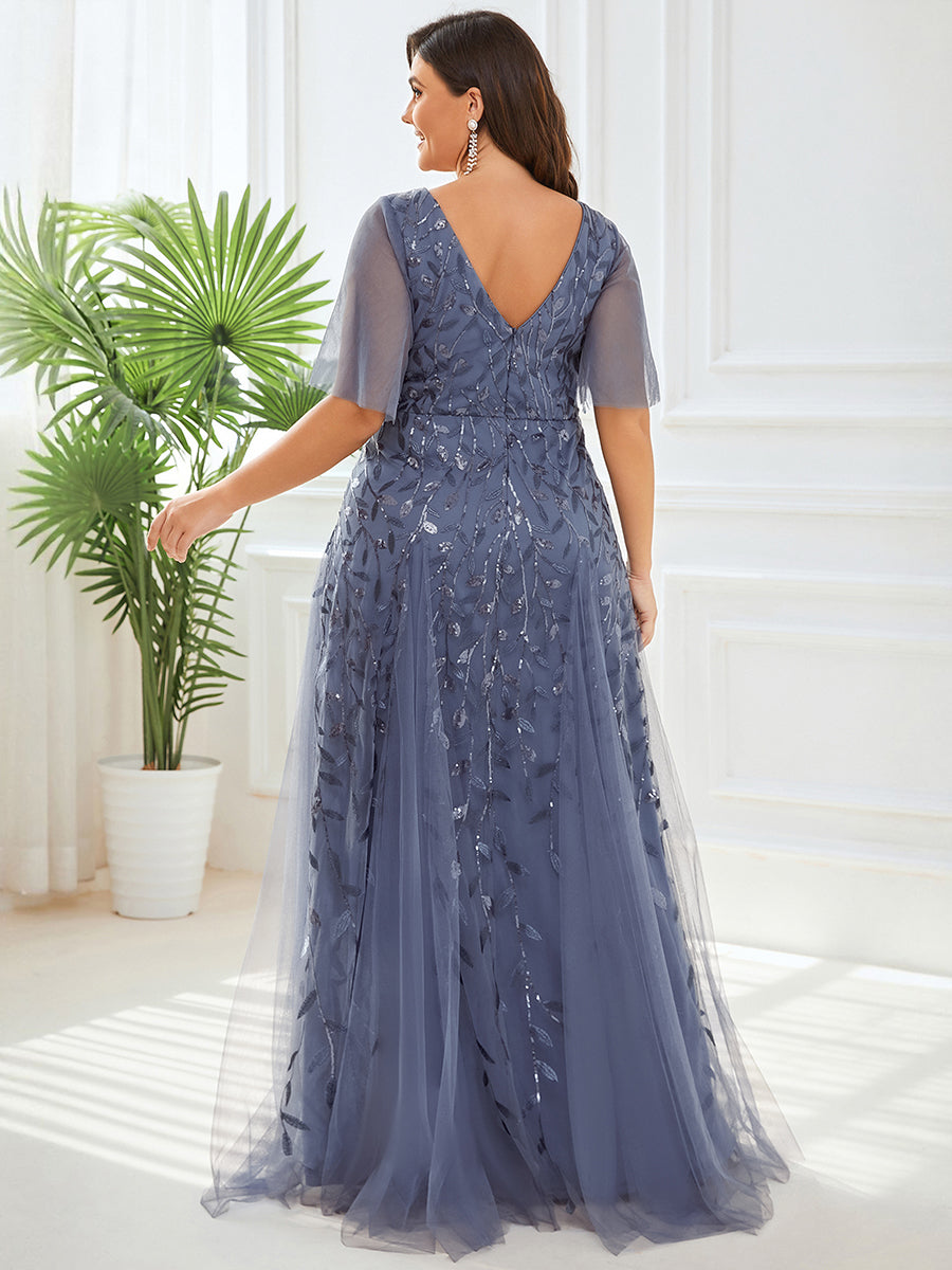 Shimmery V Neck Ruffle Sleeves Sequin Maxi Long Evening Dress #color_Dusty Blue