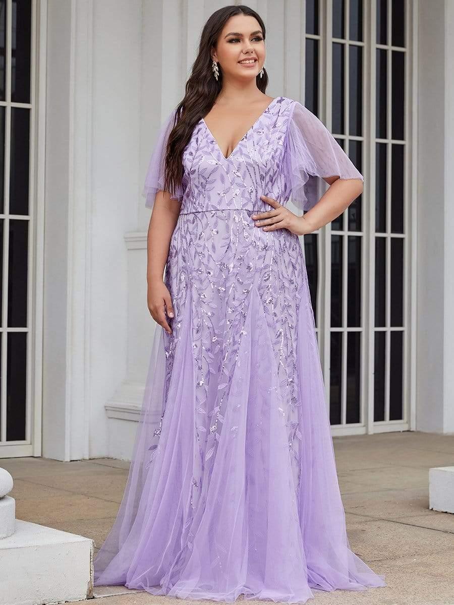 Elegant Ruffle Sleeves Maxi Sequin Mother of the Bride Dress #color_Lavender