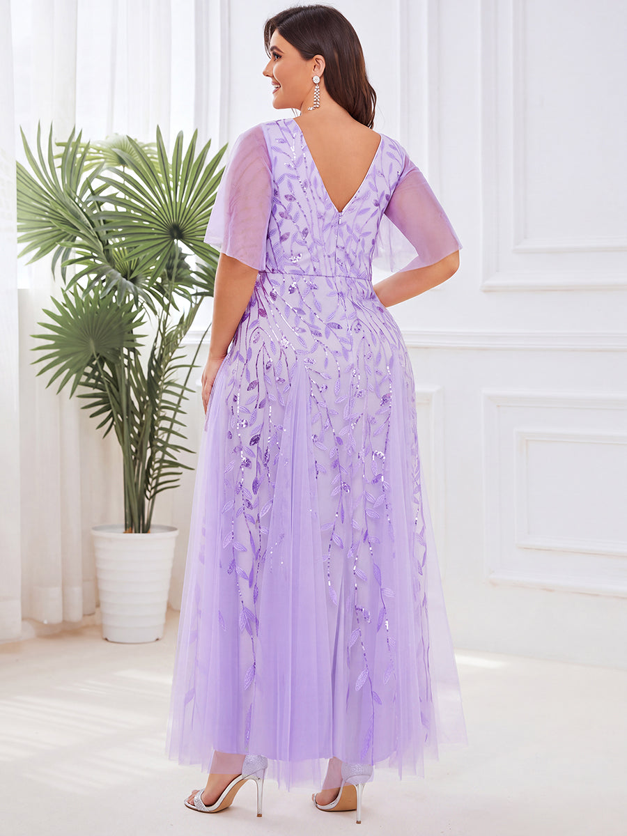 Shimmery V Neck Ruffle Sleeves Sequin Maxi Long Evening Dress #color_Lavender