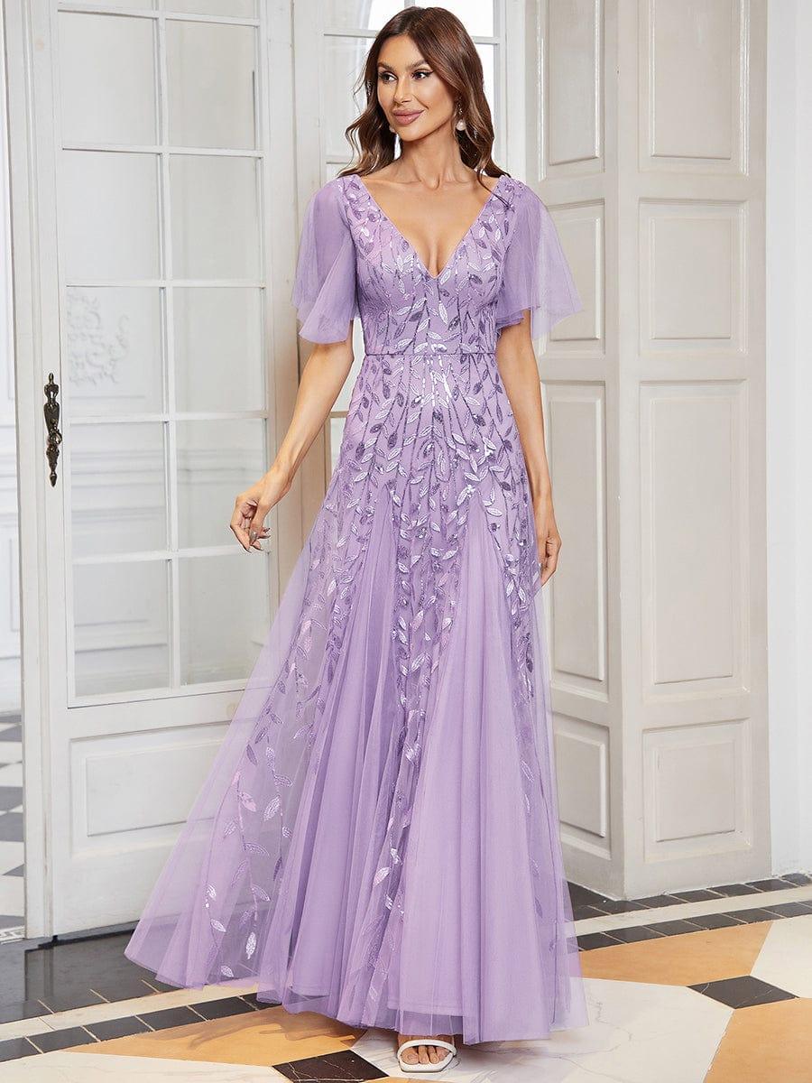 Elegant Ruffle Sleeves Maxi Sequin Mother of the Bride Dress #color_Lavender