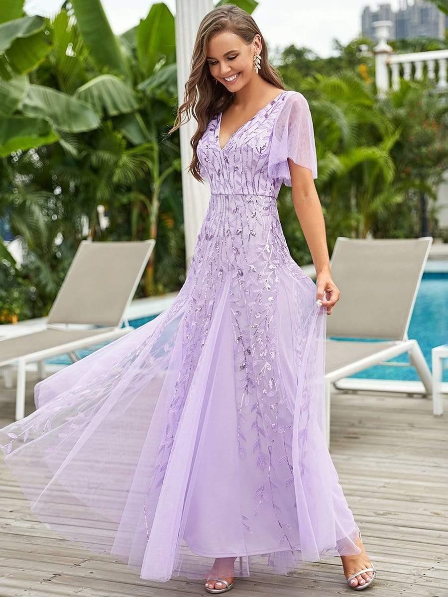 Elegant Ruffle Sleeves Maxi Sequin Mother of the Bride Dress #color_Lavender