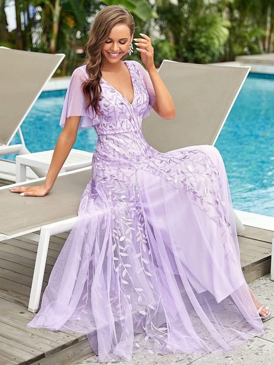 Elegant Ruffle Sleeves Maxi Sequin Mother of the Bride Dress #color_Lavender