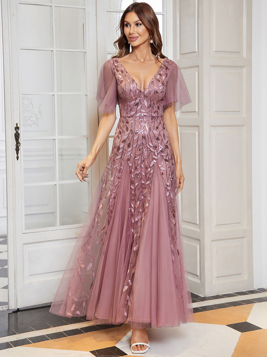 Shimmery V Neck Ruffle Sleeves Sequin Maxi Long Evening Dress #color_Purple Orchid