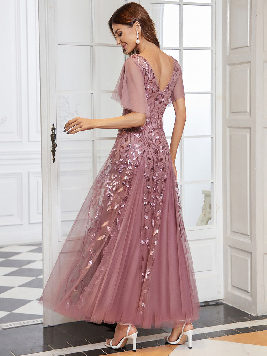 Elegant Ruffle Sleeves Maxi Sequin Mother of the Bride Dress #color_Purple Orchid