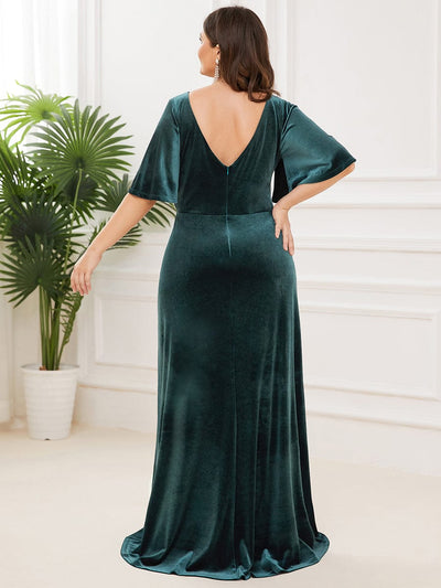 Elegant Double V Neck Velvet Party Dress with Sleeves #color_Dark Green