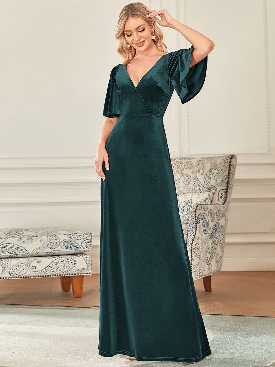 Elegant Double V Neck Velvet Party Dress with Sleeves #color_Dark Green
