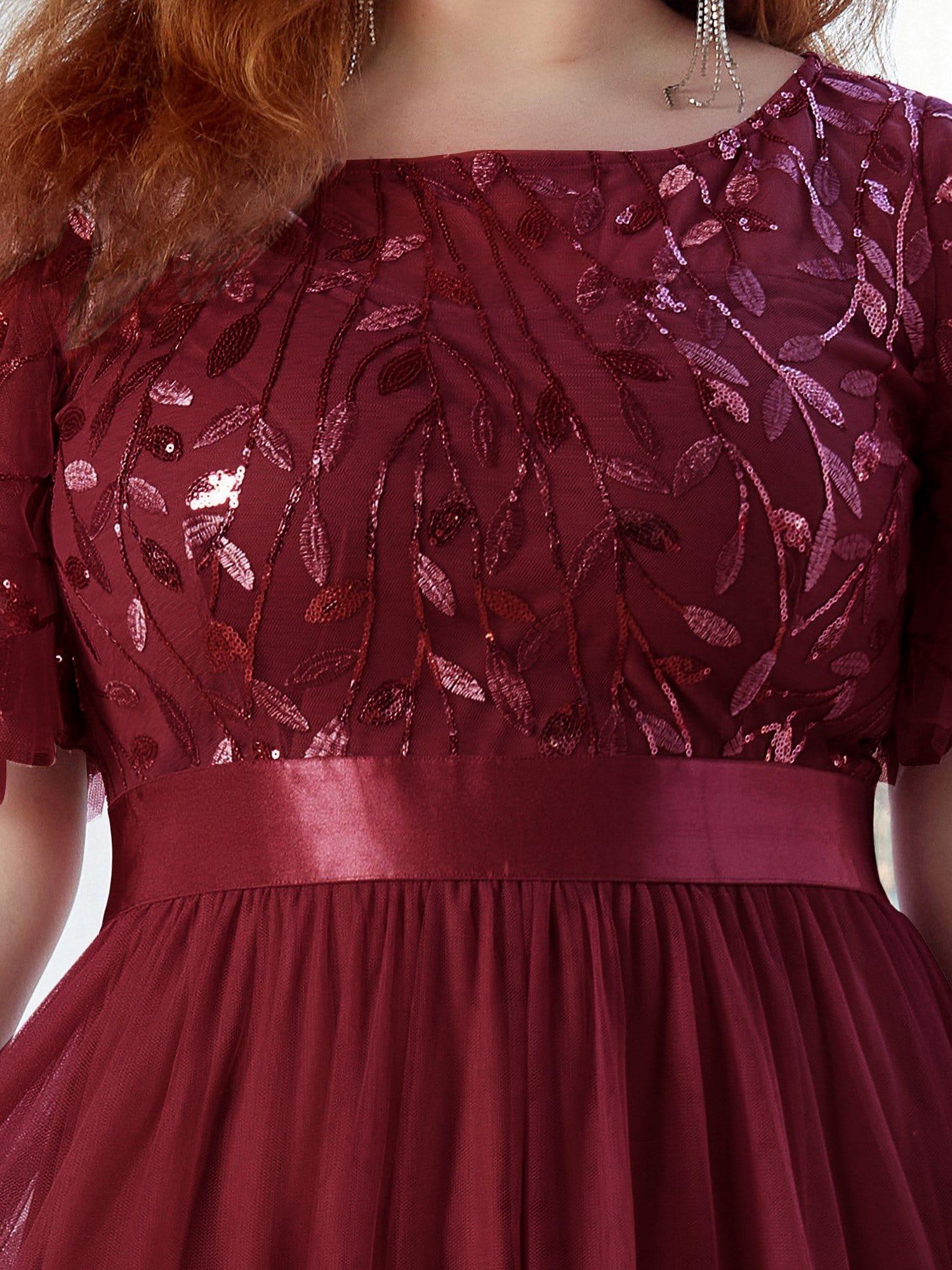 Women's A-Line Sequin Leaf Maxi Prom Dress with Sleeves #color_Burgundy