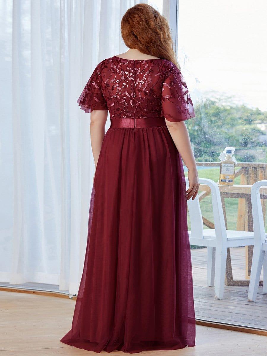 Women's A-Line Sequin Leaf Maxi Prom Dress with Sleeves #color_Burgundy