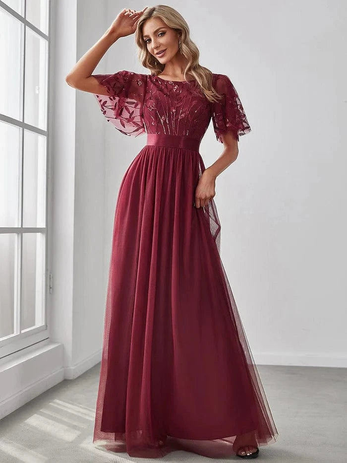 ever SAPHIR|Women's A-Line Sequin Leaf Maxi Prom Dress with Sleeves