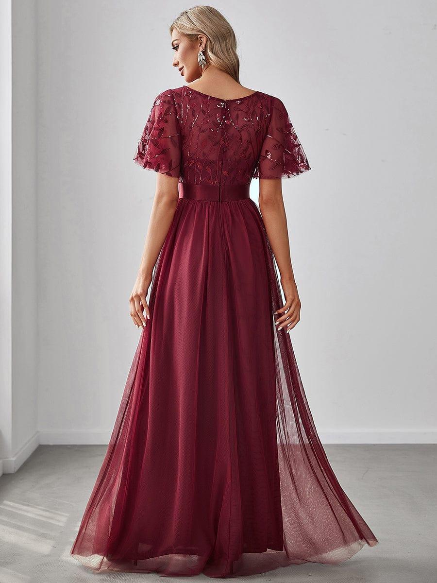Women's A-Line Sequin Leaf Maxi Prom Dress with Sleeves #color_Burgundy