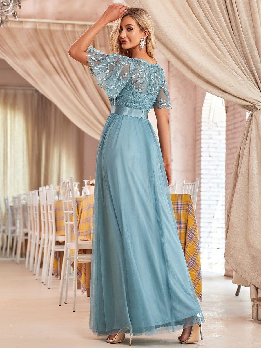 Women's A-Line Sequin Leaf Maxi Prom Dress with Sleeves #color_Light Teal