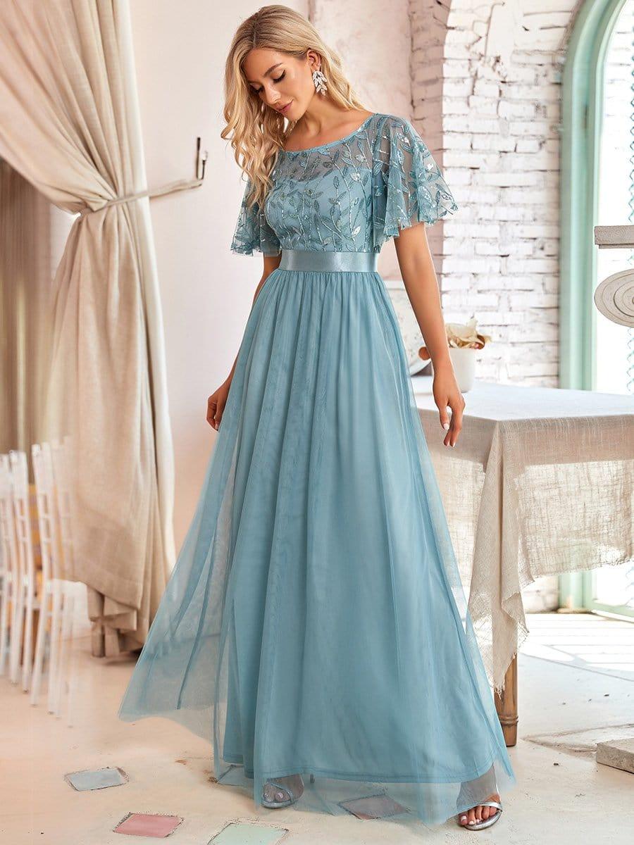 Women's A-Line Sequin Leaf Maxi Prom Dress with Sleeves #color_Light Teal