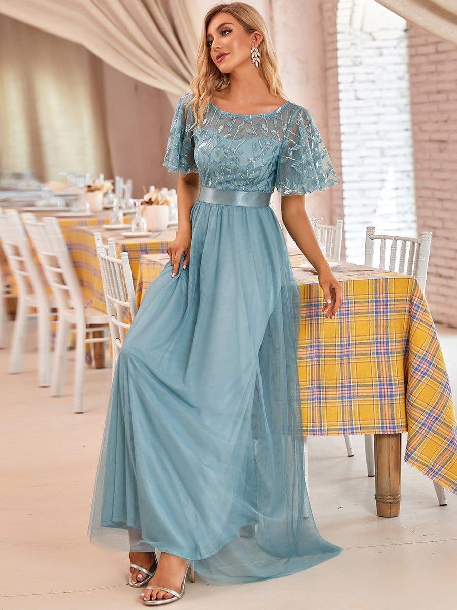 Women's A-Line Sequin Leaf Maxi Prom Dress with Sleeves #color_Light Teal