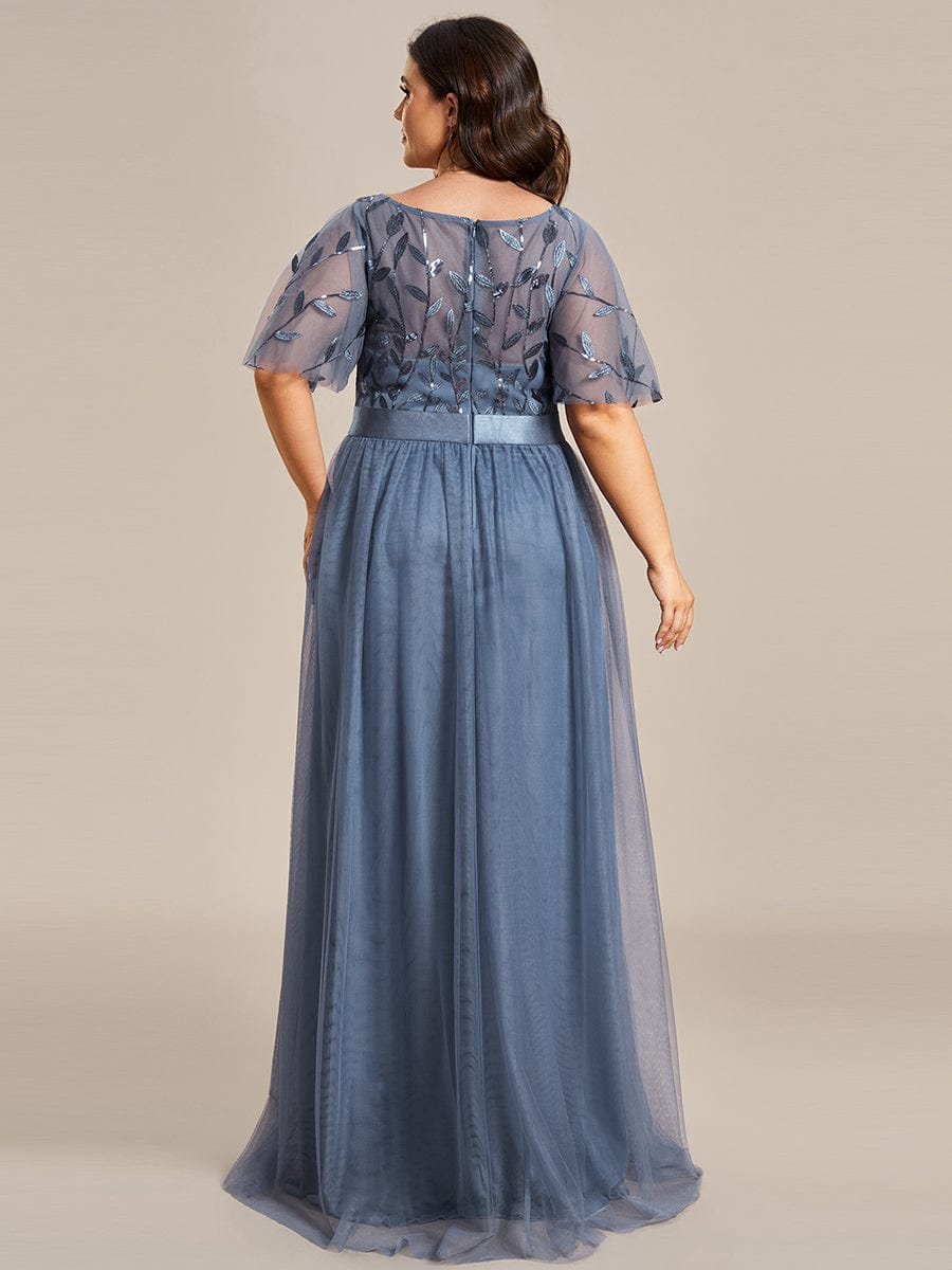 Plus Size Women's Embroidery Evening Dresses with Short Sleeve #color_Dusty Navy