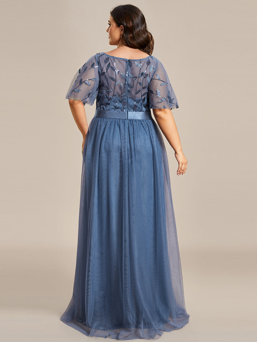 Women's A-Line Sequin Leaf Maxi Prom Dress with Sleeves #color_Dusty Blue