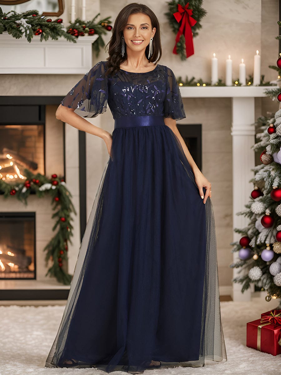 Women's A-Line Sequin Leaf Maxi Prom Dress with Sleeves #color_Gold