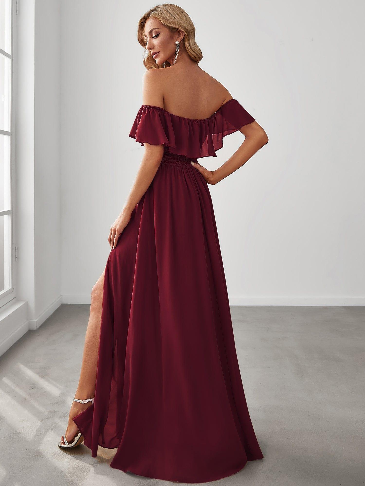 Off the Shoulder Ruffle Bodice Long Flowy Chiffon Bridesmaid Dress #color_Burgundy