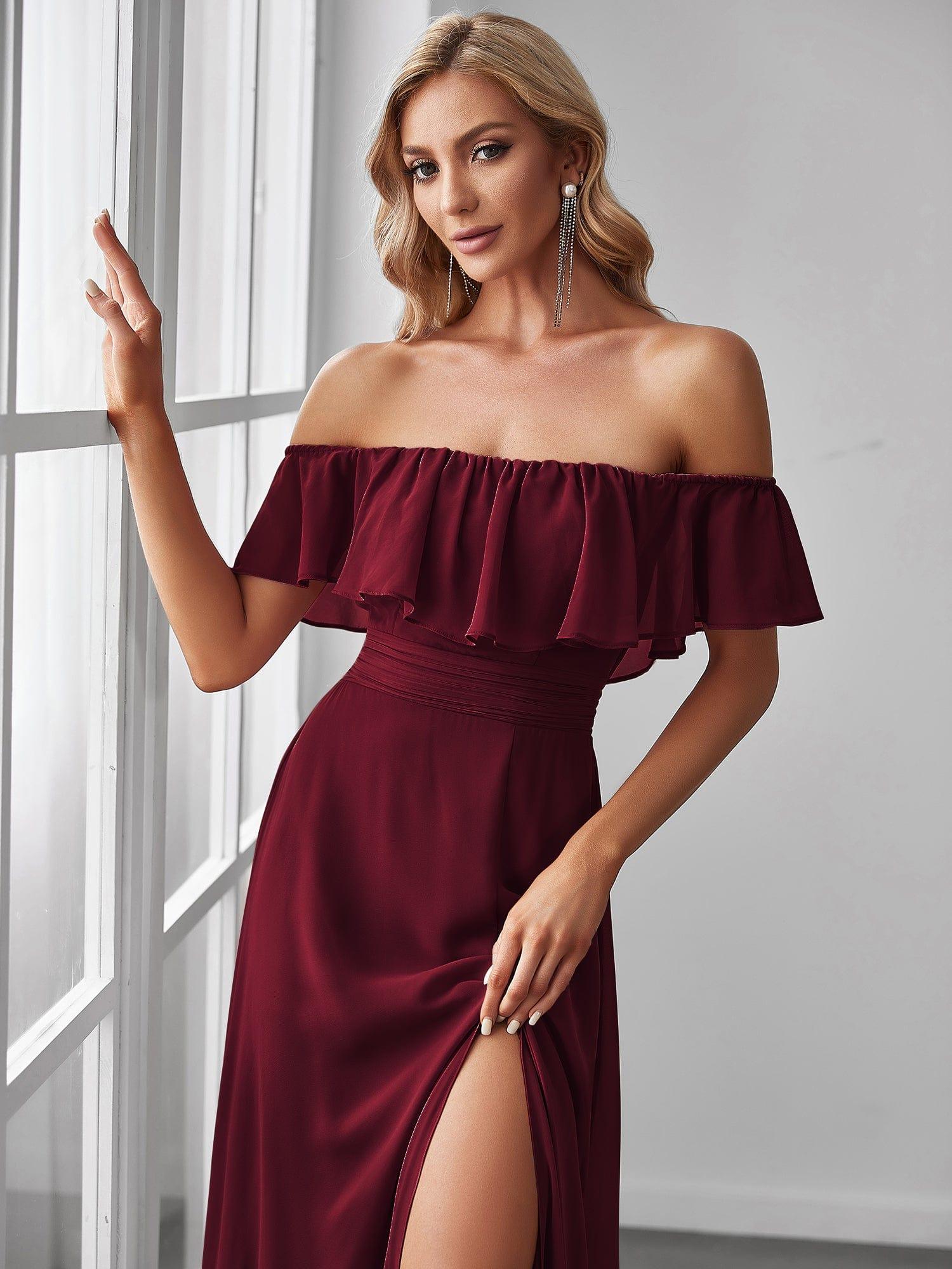 Off the Shoulder Ruffle Bodice Long Flowy Chiffon Bridesmaid Dress #color_Burgundy