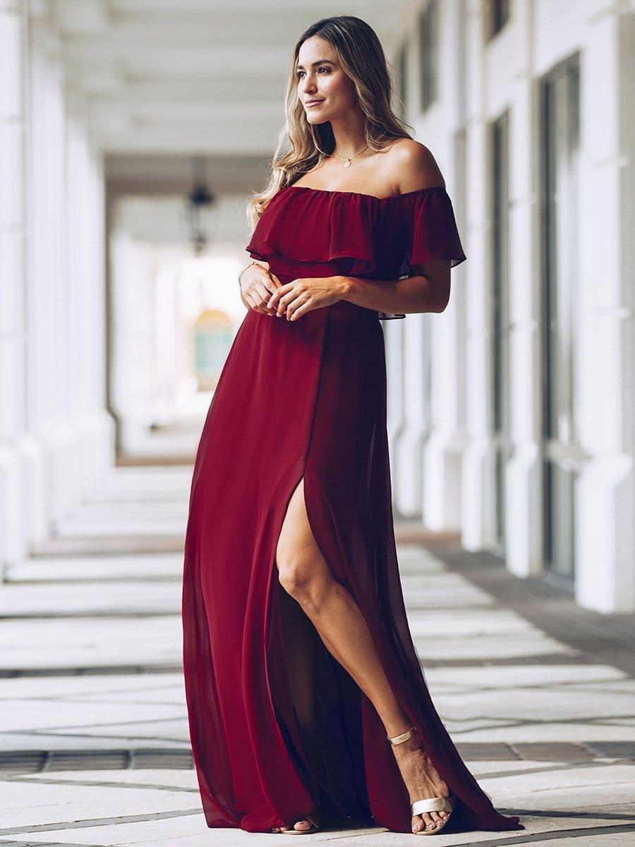Off the Shoulder Ruffle Bodice Long Flowy Chiffon Bridesmaid Dress #color_Burgundy