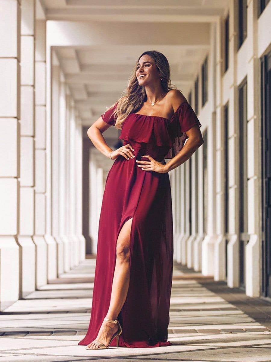 Off the Shoulder Ruffle Bodice Long Flowy Chiffon Bridesmaid Dress #color_Burgundy