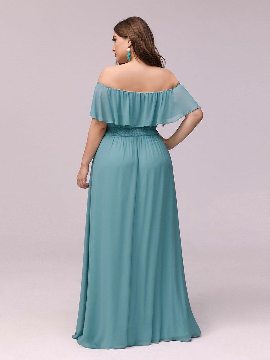 Women's Off Shoulder Ruffle Thigh Split Bridesmaid Dresses #color_Light Teal