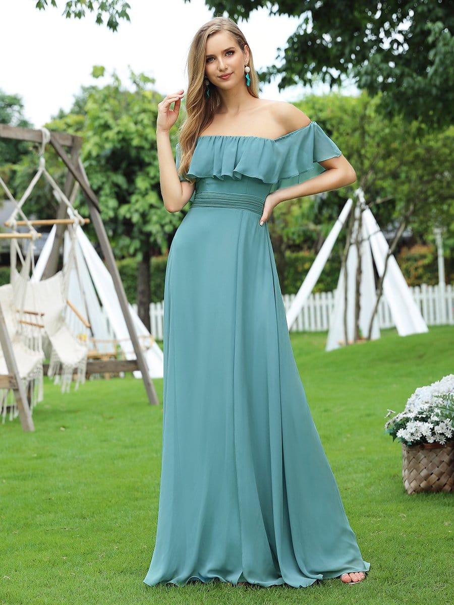 Women's Off Shoulder Ruffle Thigh Split Bridesmaid Dresses #color_Light Teal