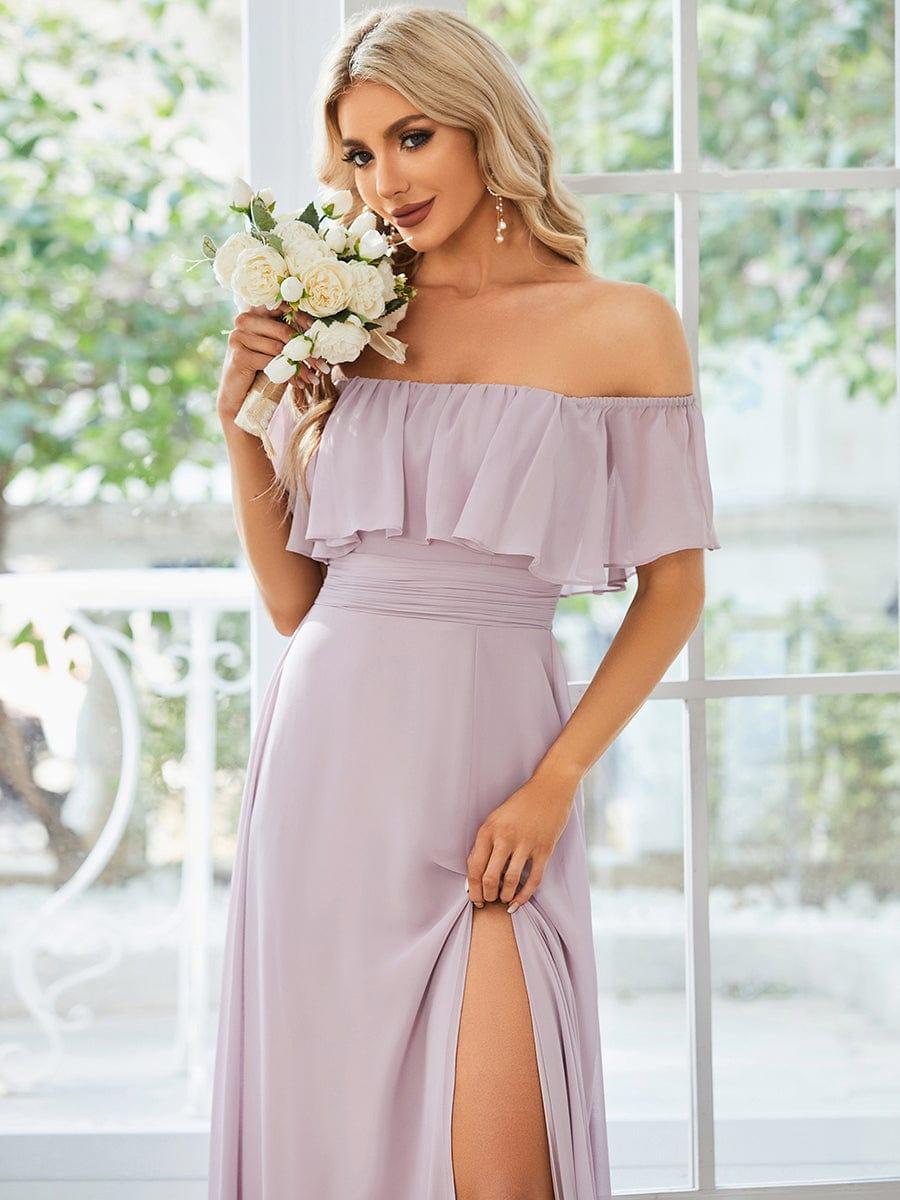 Women's Off Shoulder Ruffle Thigh Split Bridesmaid Dresses #color_Lilac