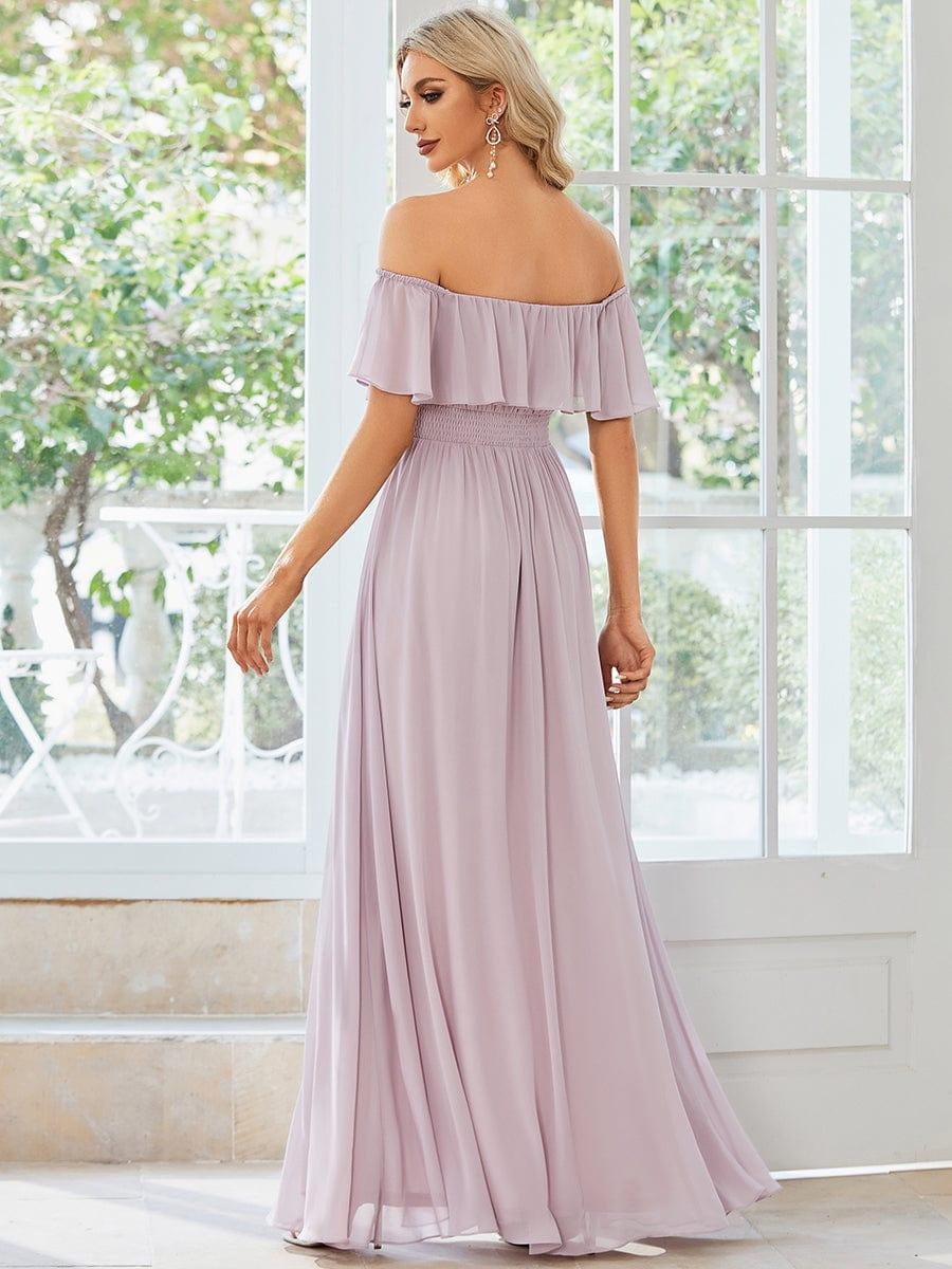 Women's Off Shoulder Ruffle Thigh Split Bridesmaid Dresses #color_Lilac