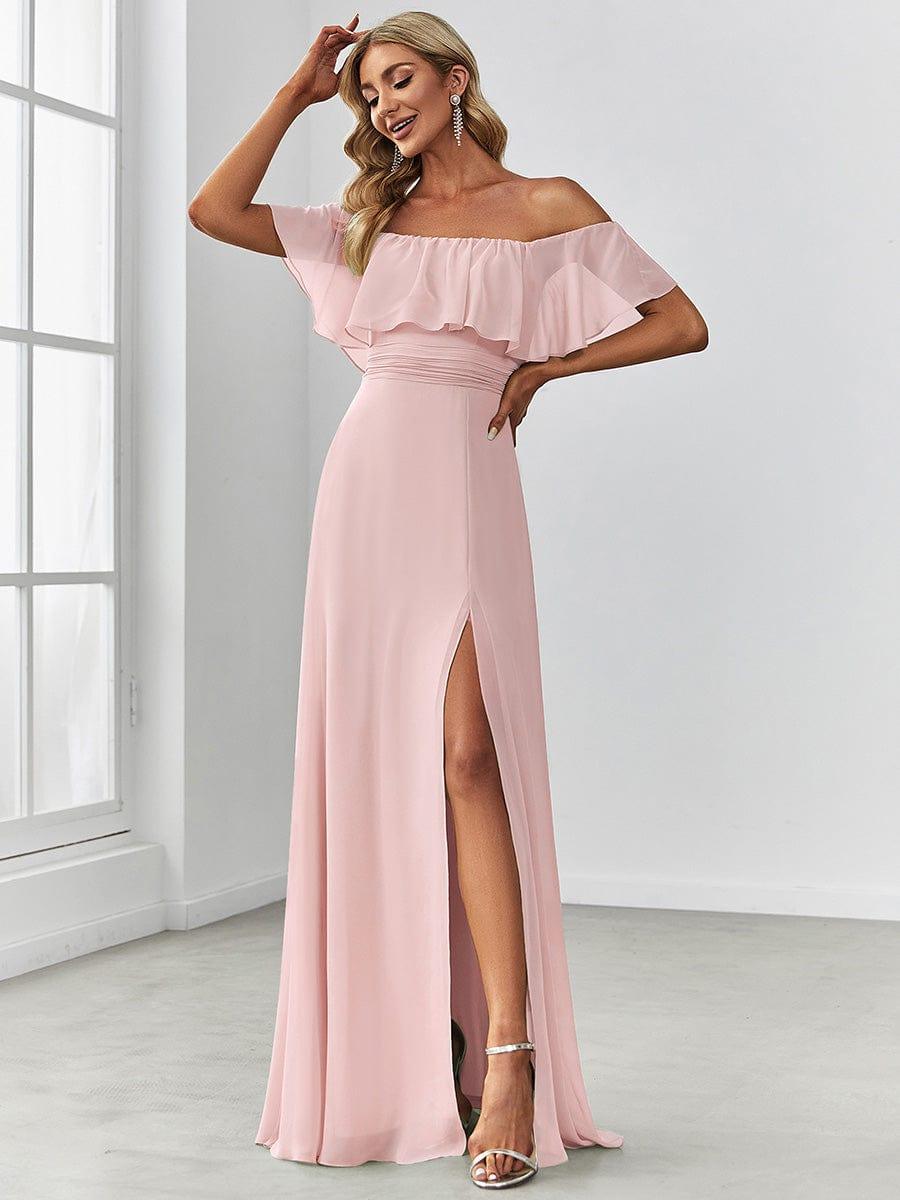 Off the Shoulder Ruffle Bodice Long Flowy Chiffon Bridesmaid Dress #color_Pink