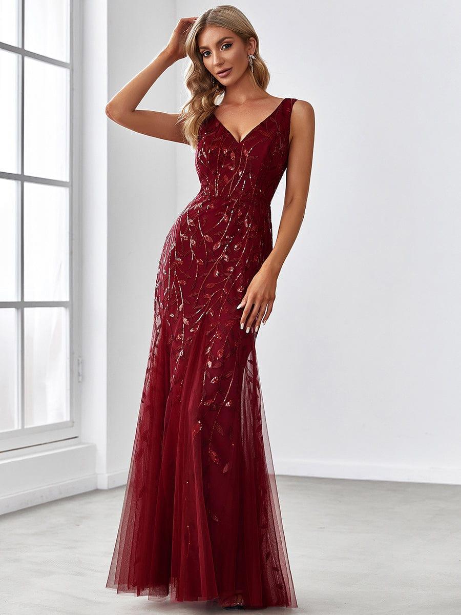 Leaf Sequin V-Neck Sleeveless Bridesmaid Dress with Tulle Hem #Color_Burgundy